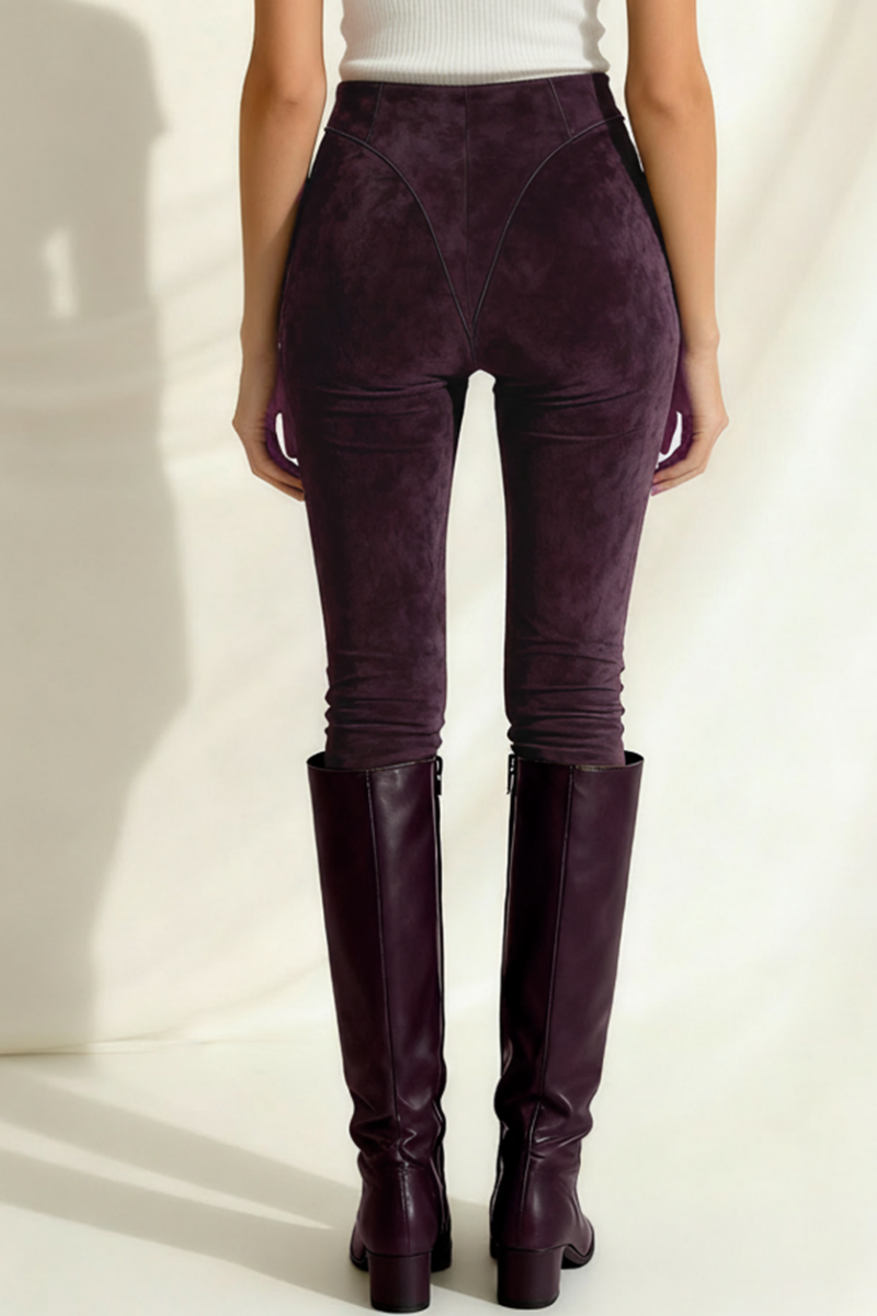 Colanți din Piele Intoarsa cu Talie Înaltă și Fermoar Ascuns – Design V-Cut și Efect Modelator - Deep Plum