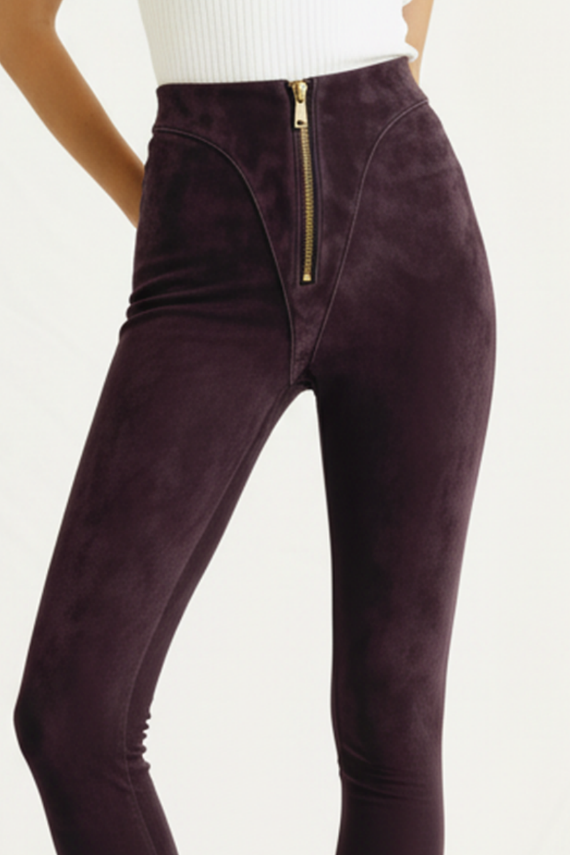 Colanți din piele întoarsă cu talie înaltă și fermoar "V-Cut" - Deep Plum