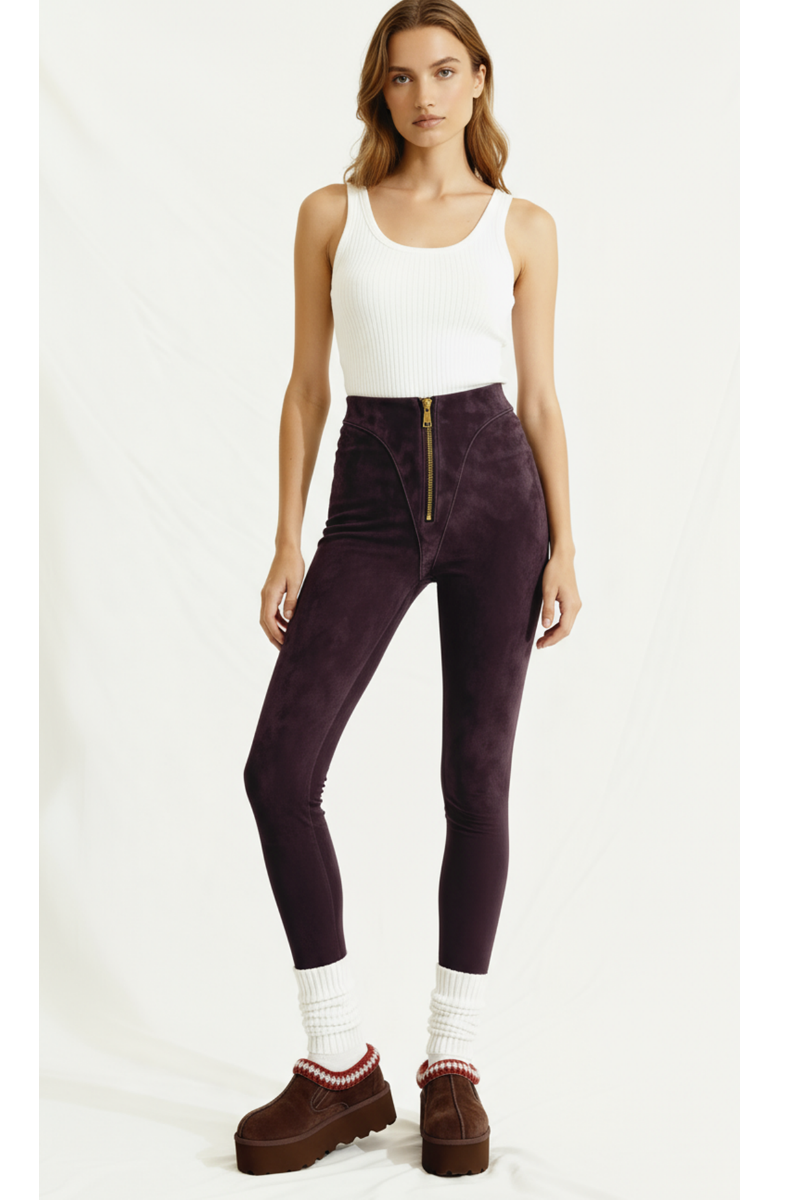 Colanți din piele întoarsă cu talie înaltă și fermoar "V-Cut" - Deep Plum