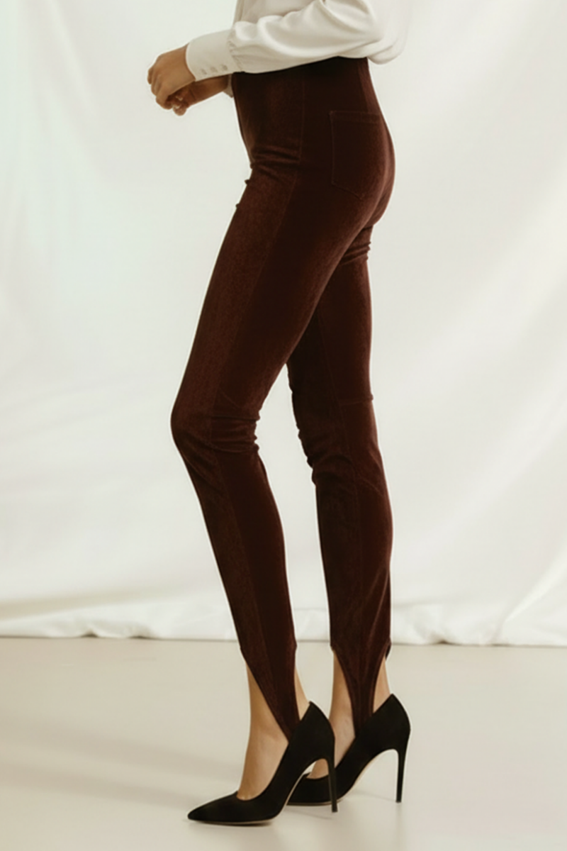 Colanți modelatori din piele intoarsa cu talie înaltă și bareta reglabila Stirrup "Valerie" - Maro