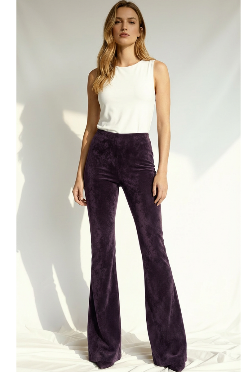 Colanți evazați din piele întoarsă cu talie inalta "FlareLeather" - Deep Plum