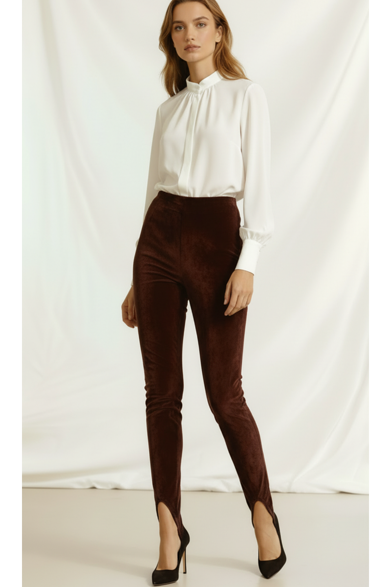 Colanți modelatori din piele intoarsa cu talie înaltă și bareta reglabila Stirrup "Valerie" - Maro