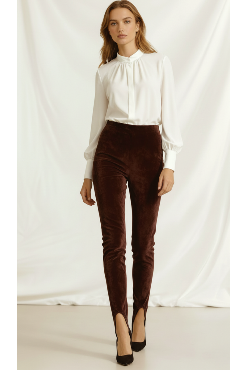 Colanți modelatori din piele intoarsa cu talie înaltă și bareta reglabila Stirrup "Valerie" - Maro