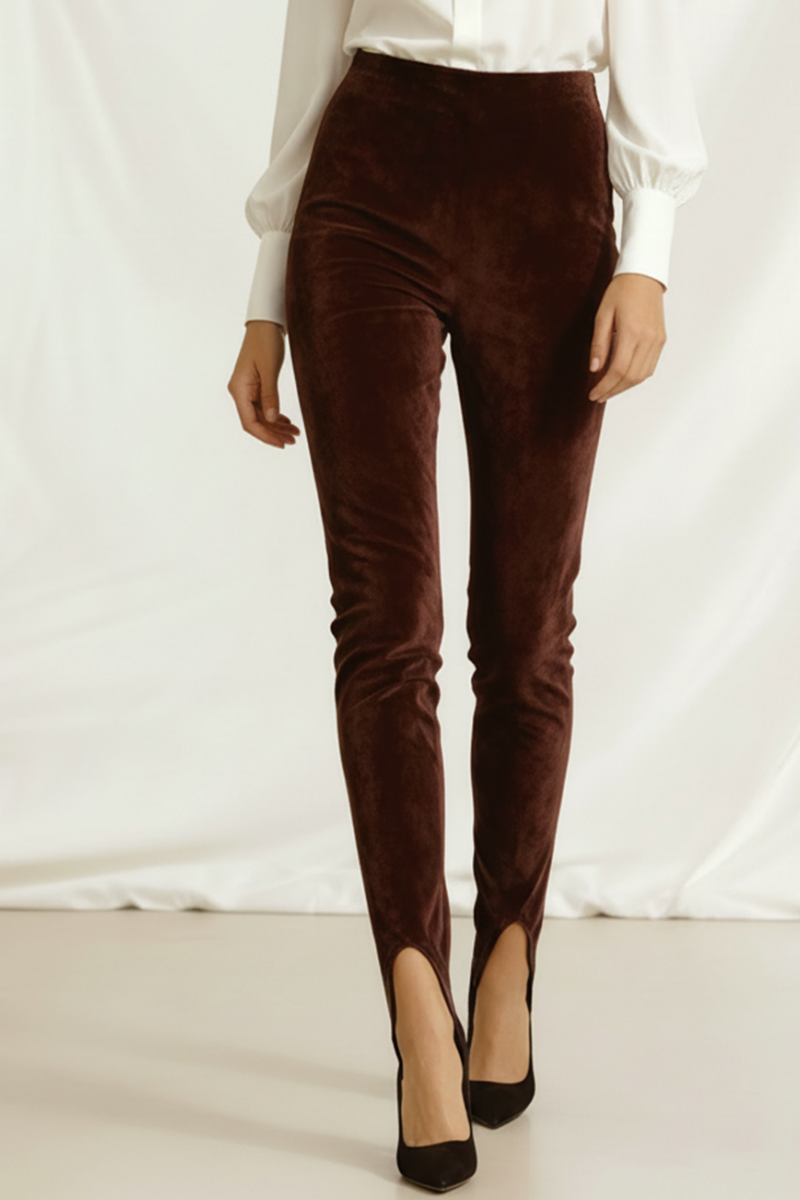 Colanți modelatori din piele intoarsa cu talie înaltă și bareta reglabila Stirrup "Valerie" - Maro