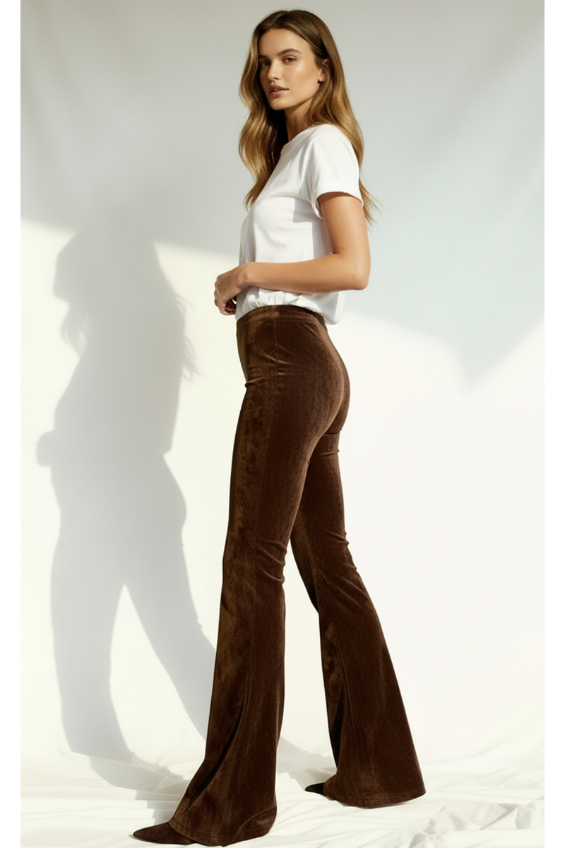 Colanți evazați din piele întoarsă cu talie inalta "FlareLeather" - Maro