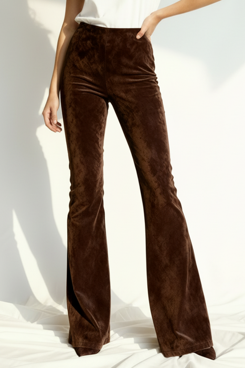 Colanți evazați din piele întoarsă cu talie inalta "FlareLeather" - Maro