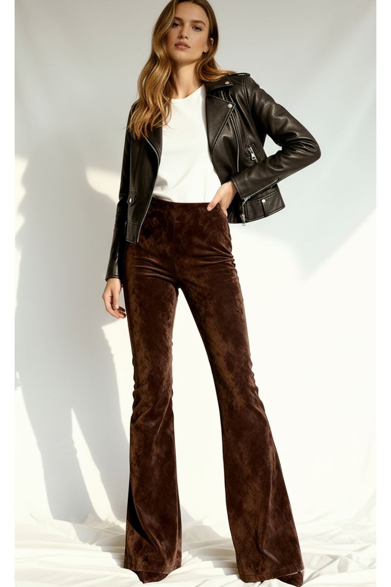 Colanți evazați din piele întoarsă cu talie inalta "FlareLeather" - Maro