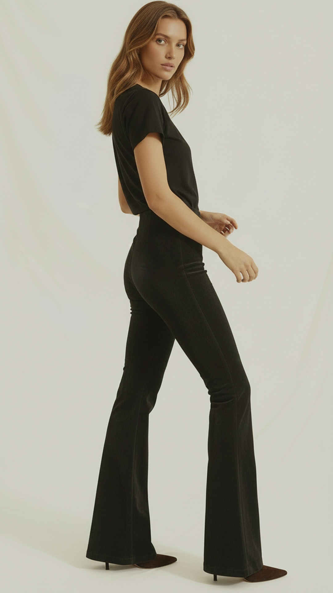 Colanți evazați din piele întoarsă cu talie inalta "FlareLeather" - Negru