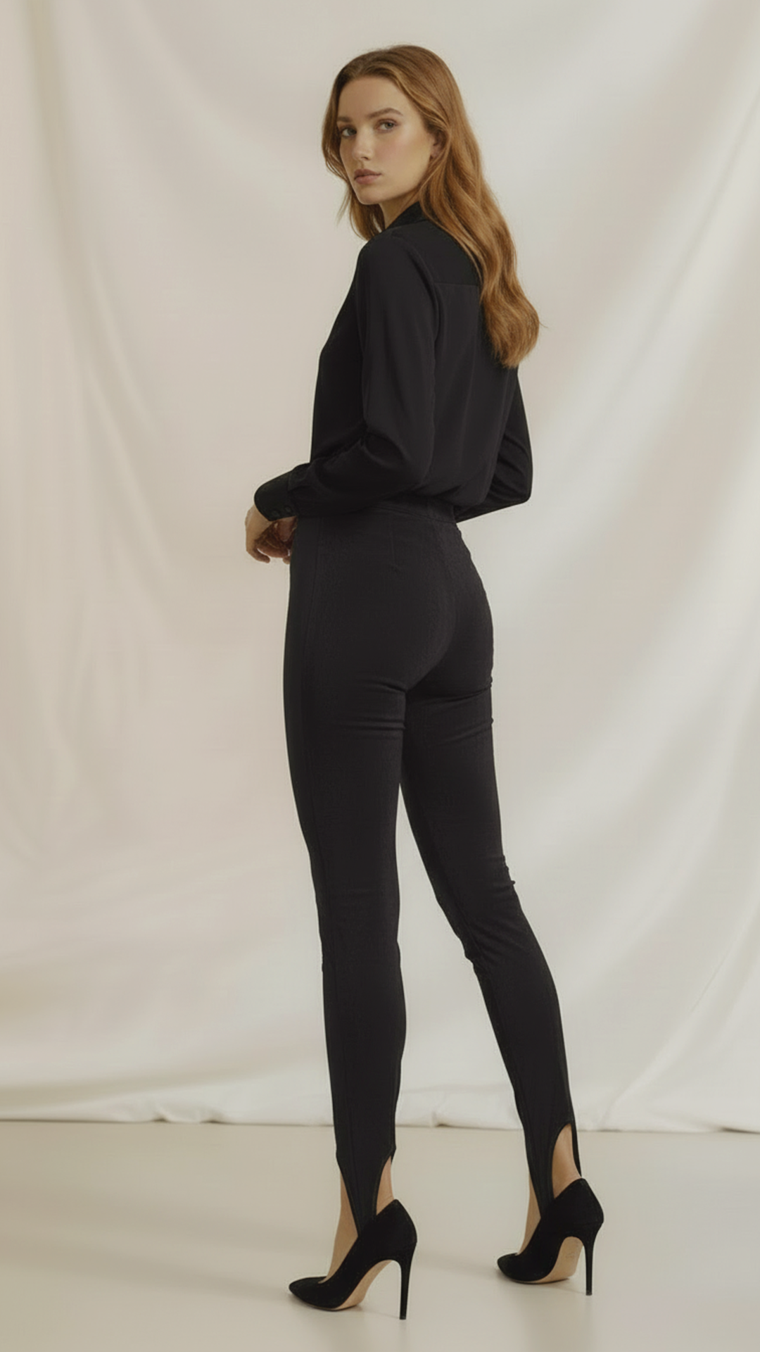 Colanți modelatori din piele intoarsa cu talie înaltă și bareta reglabila Stirrup "Valerie" - Negru