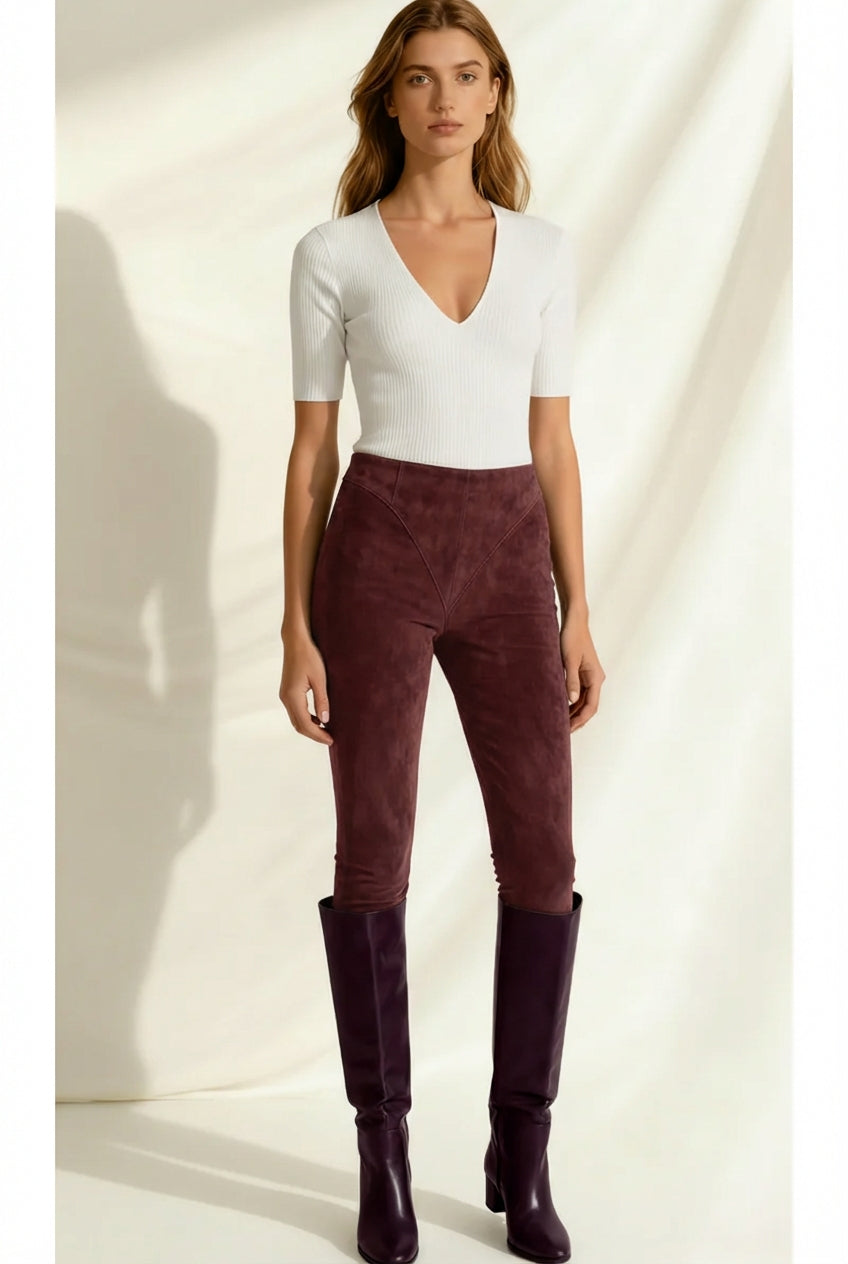 Colanți din Piele Intoarsa cu Talie Înaltă și Fermoar Ascuns – Design V-Cut și Efect Modelator - Deep Plum