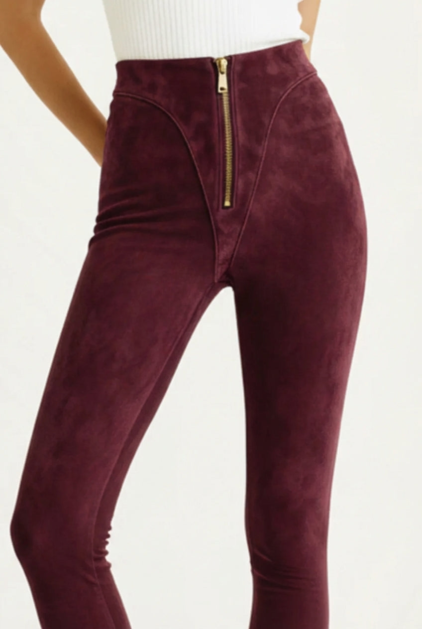 Colanți din piele întoarsă cu talie înaltă și fermoar "V-Cut" - Deep Plum