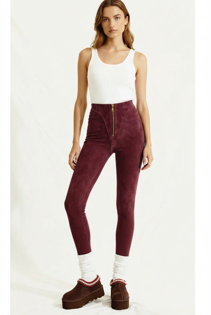 Colanți din piele întoarsă cu talie înaltă și fermoar "V-Cut" - Deep Plum