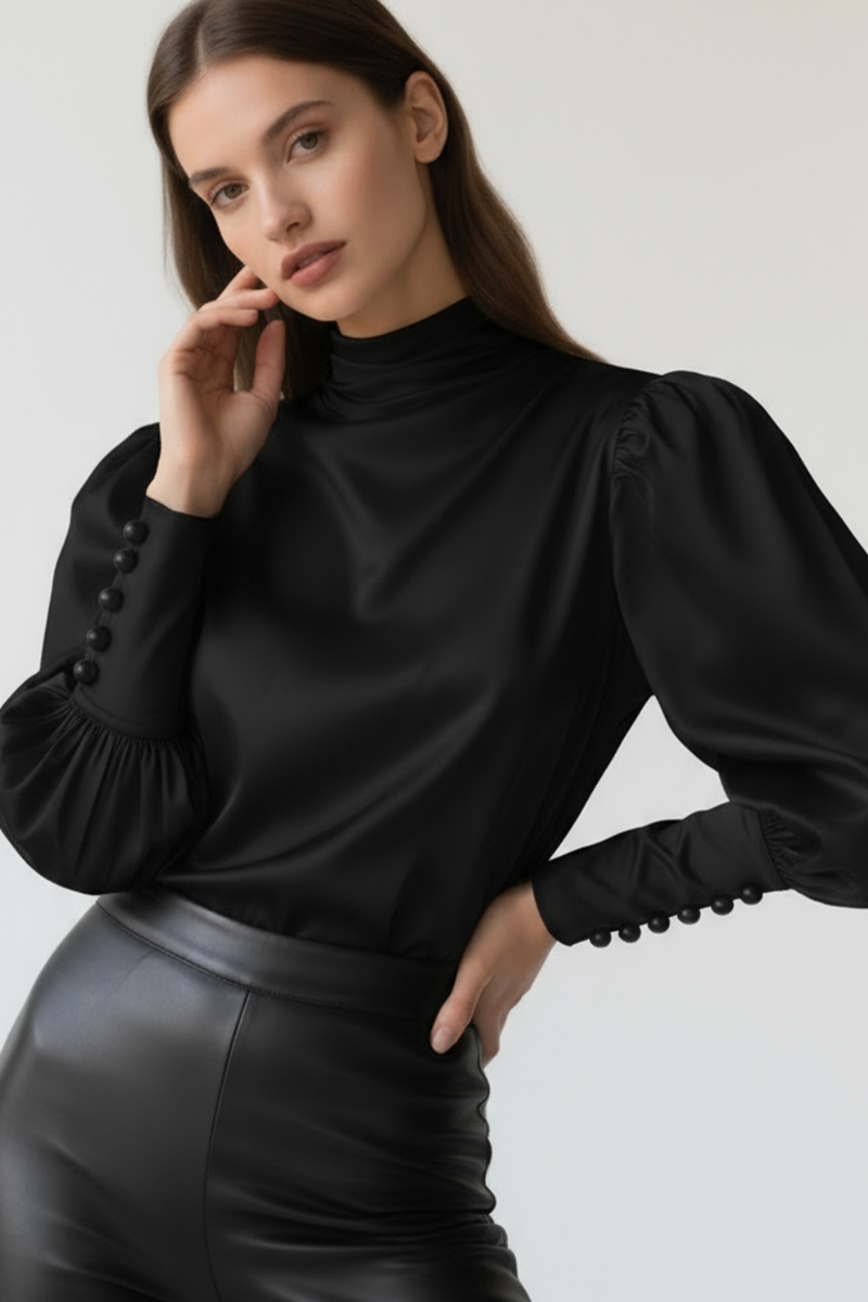 Bluză neagră din mătase naturală „Aurora” cu guler înalt drapat și mâneci bufante – Sugar Couture