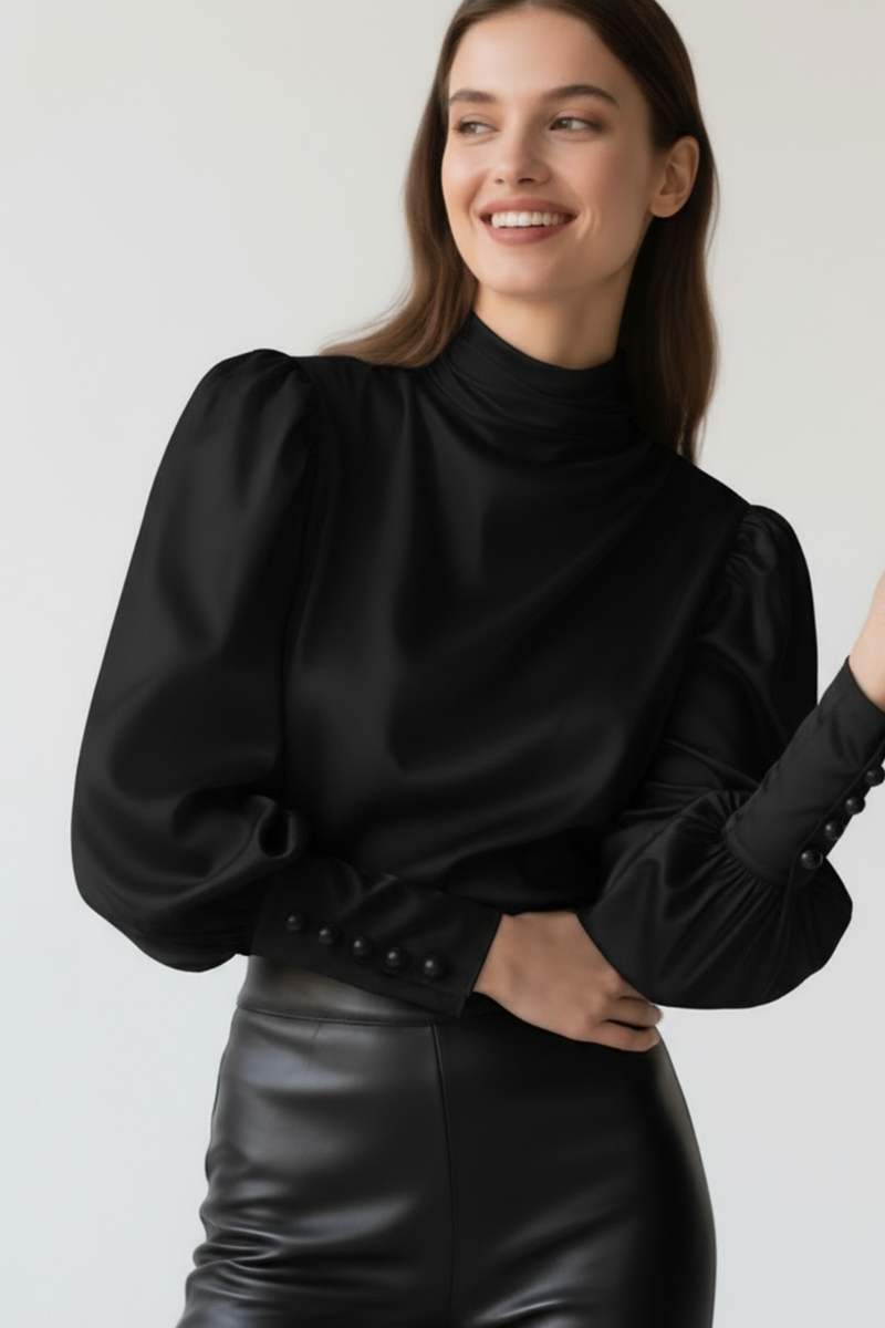 Bluză neagră din mătase naturală „Aurora” cu guler înalt drapat și mâneci bufante – Sugar Couture