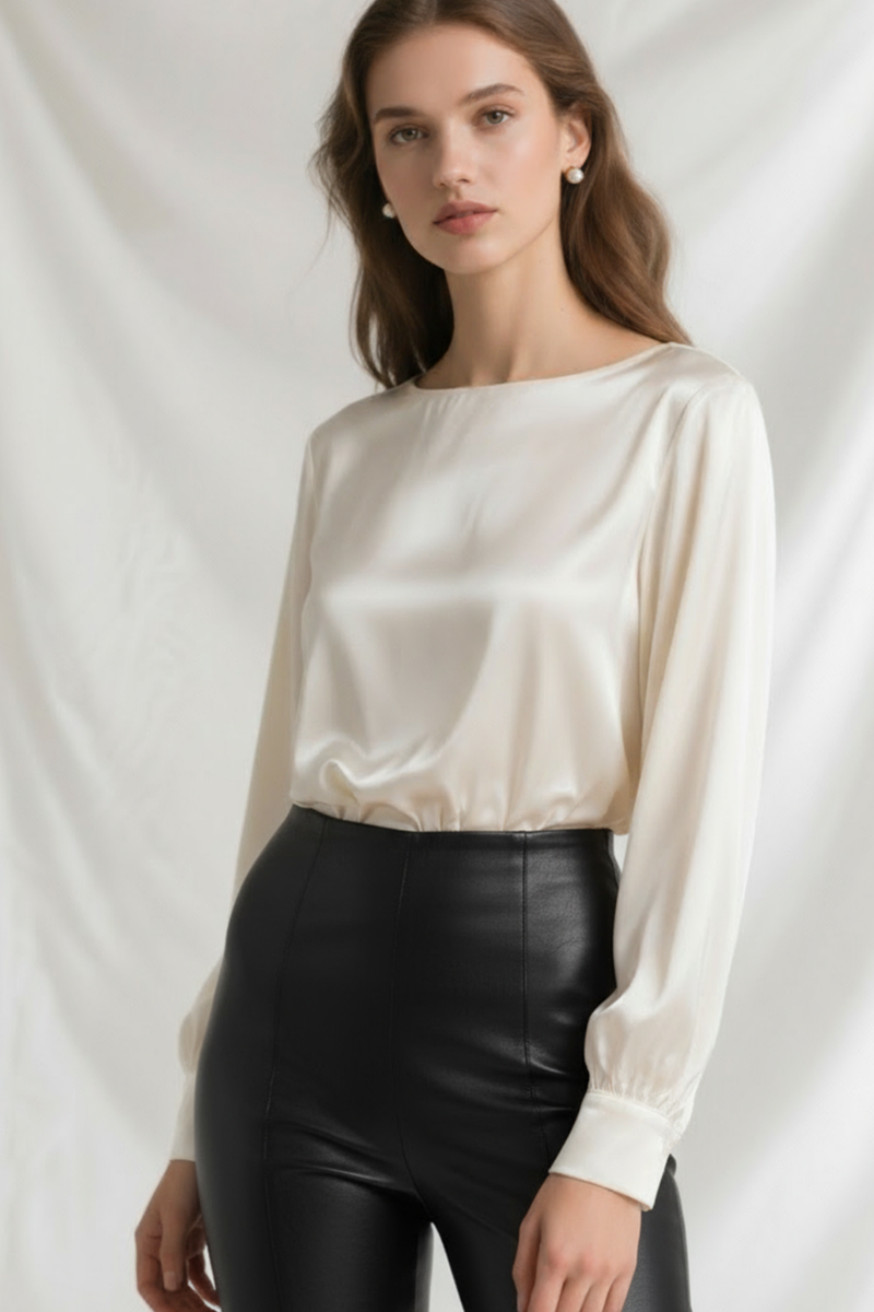 Bluză din mătase naturală „Luna” cu decolteu rotund tip bărcuță – Sugar Couture