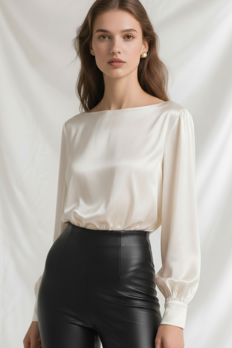 Bluză din mătase naturală „Luna” cu decolteu rotund tip bărcuță – Sugar Couture