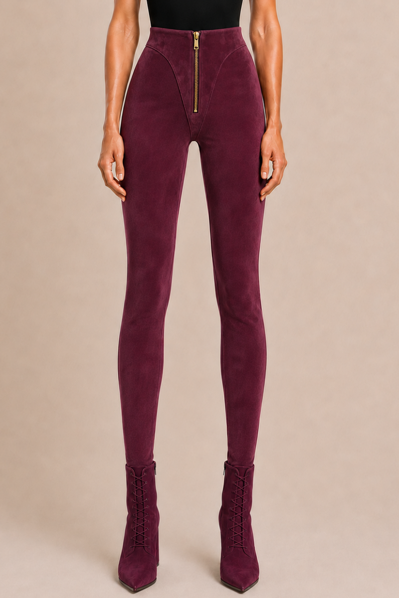 Colanți din piele întoarsă cu talie înaltă și fermoar "V-Cut" - Deep Plum