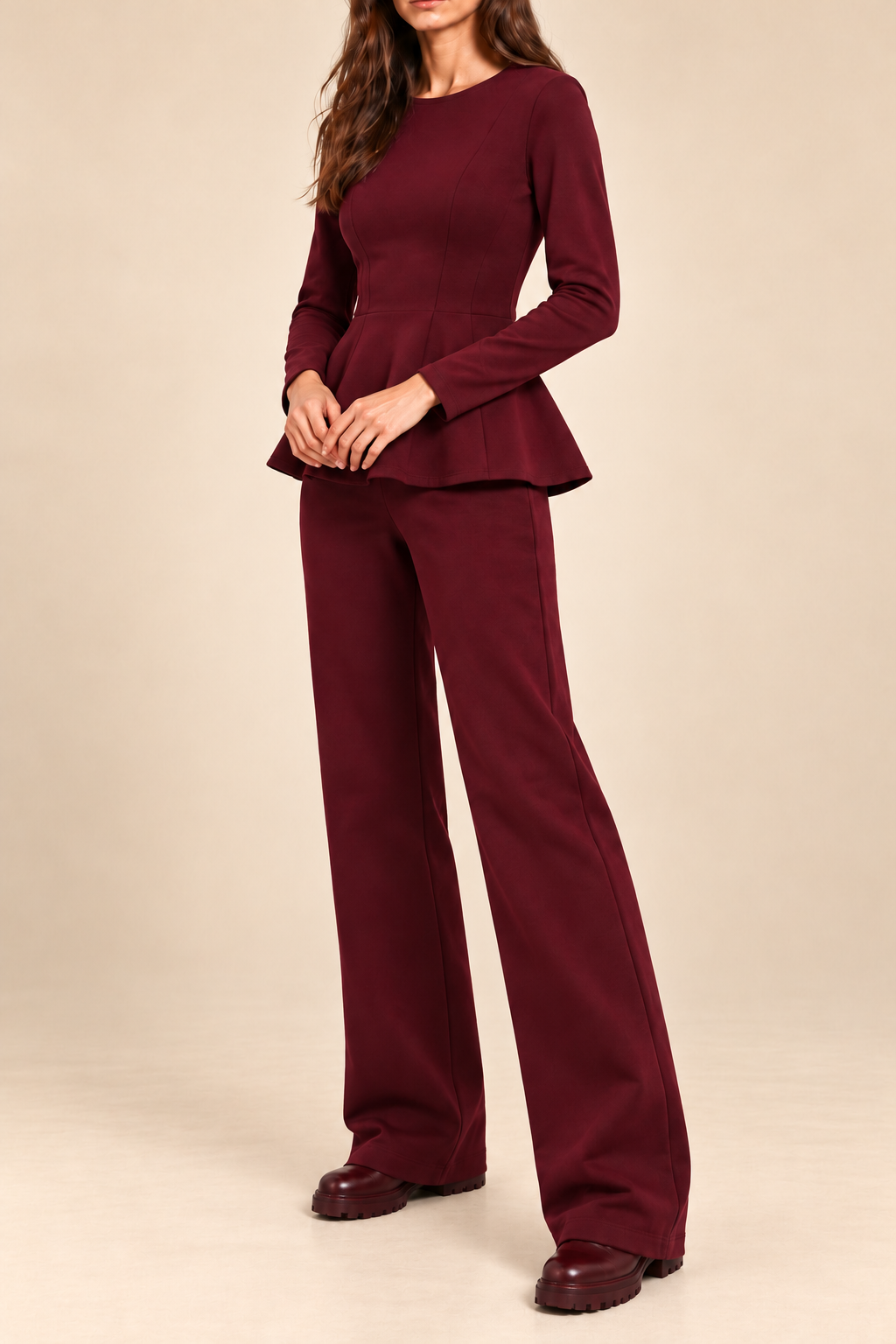 Compleu damă "Muse" din bumbac bluză cu fermoar și pantaloni drepti - Burgundy