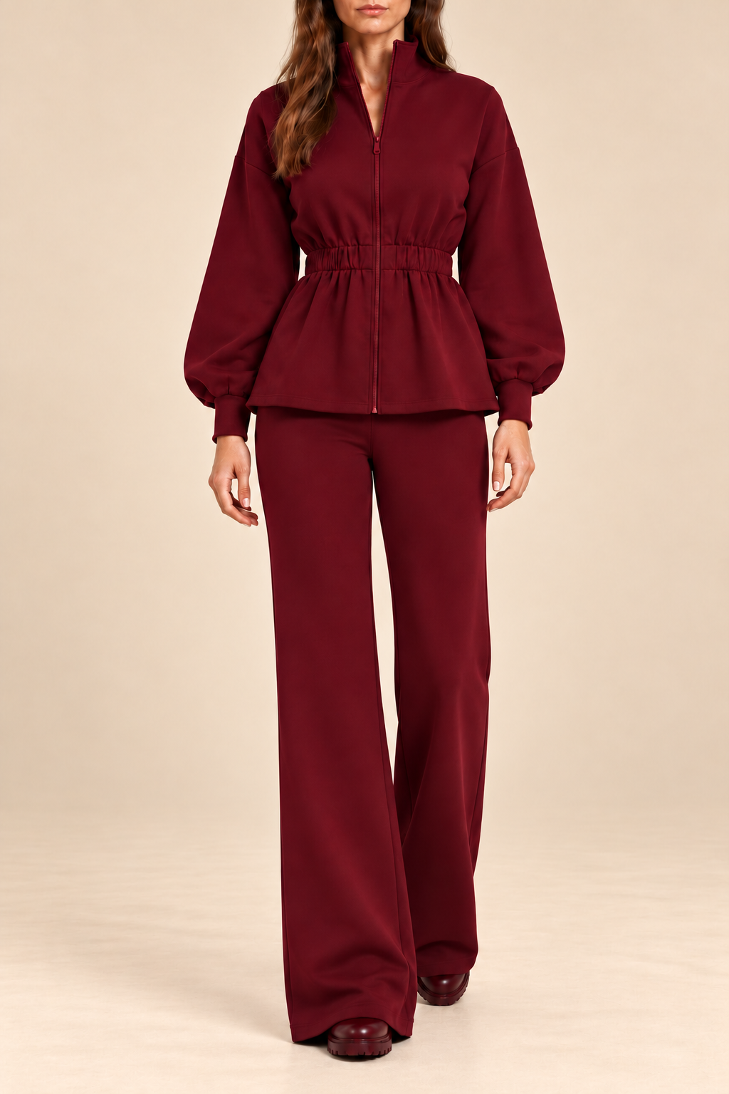Compleu damă "Michaela" din bumbac bluză cu fermoar și pantaloni drepti - Burgundy