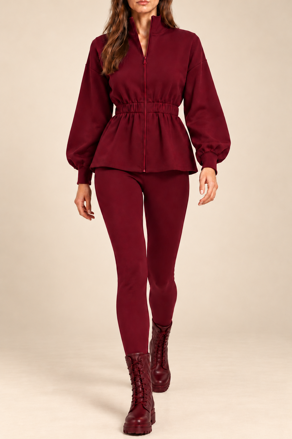 Compleu damă "Michaela" din bumbac bluză cu fermoar și colanți - Burgundy
