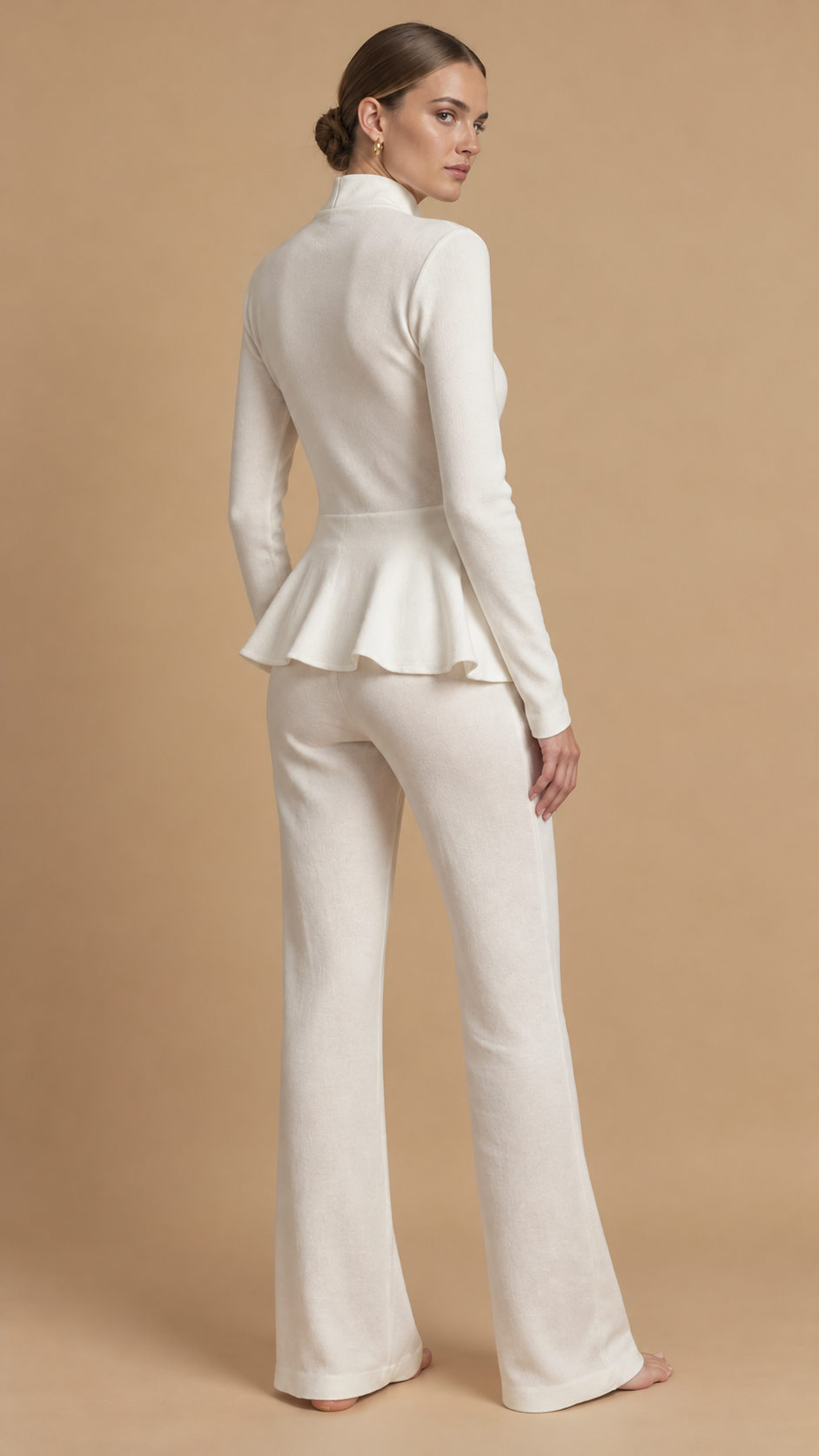 Compleu homewear din lână, cu bluză cambrată și pantaloni largi Ivoire OUTLET