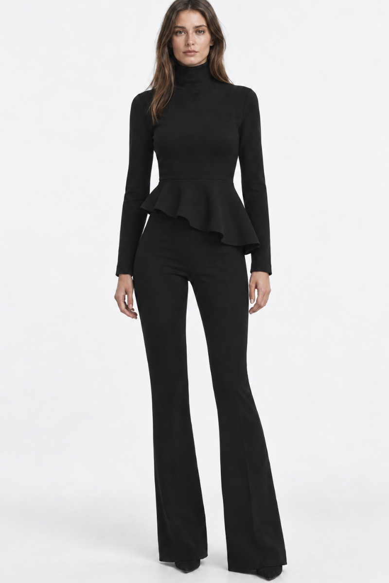 Set din Lână – Pantaloni Evazați și Bluză Asimetrică cu Volănașe "Merino Grace" - NEGRU