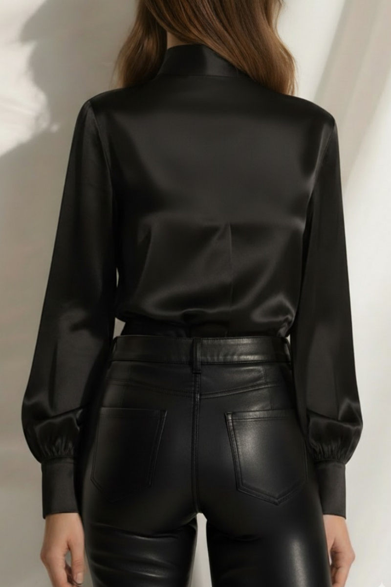 Bluza neagră din mătase naturală „Élégance” cu guler tip choker și mâneci lungi – Sugar Couture