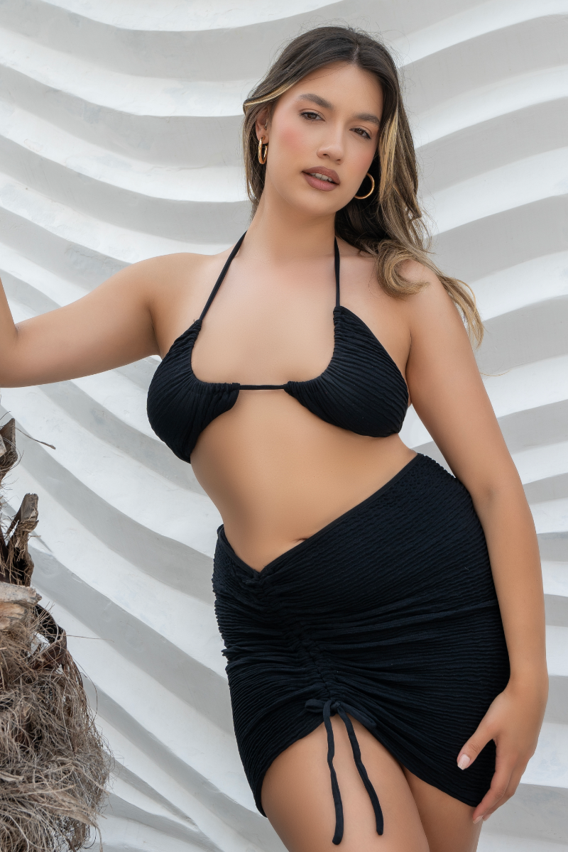 Fusta Mini "Tip Pareo" "Crinkle Waves" - Negru