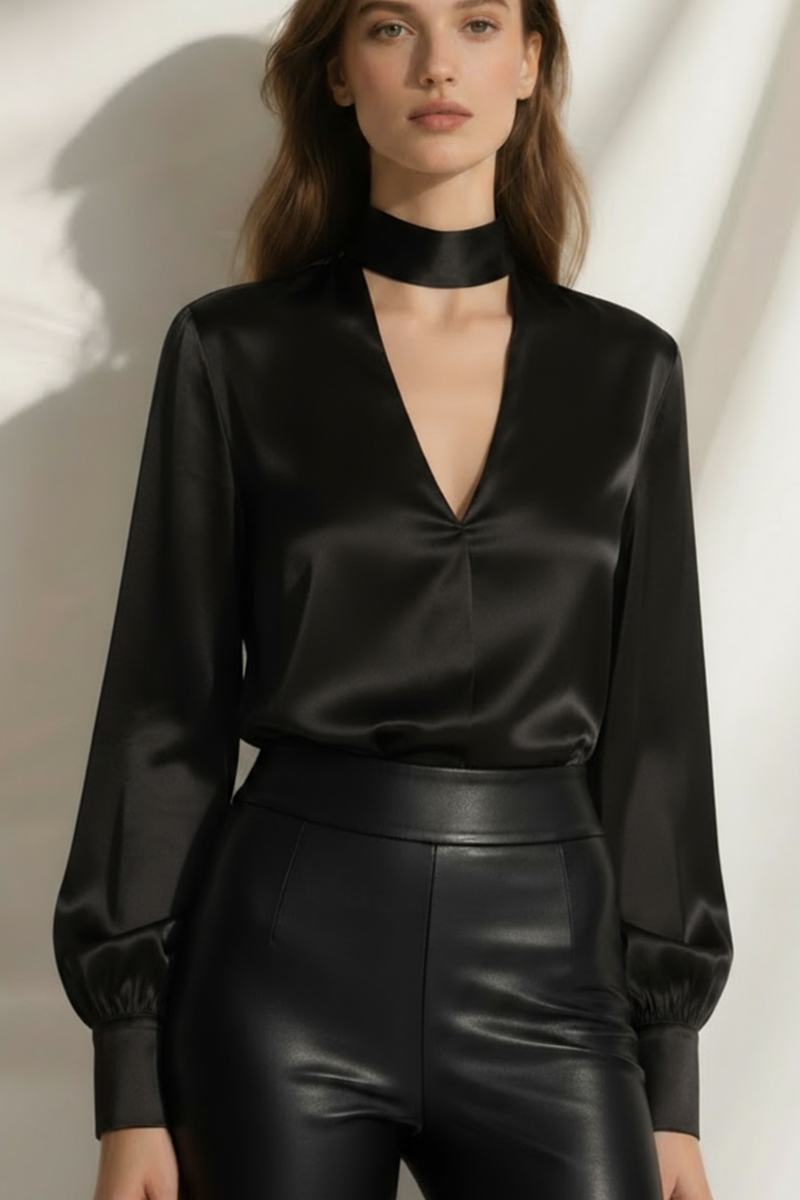 Bluza neagră din mătase naturală „Élégance” cu guler tip choker și mâneci lungi – Sugar Couture