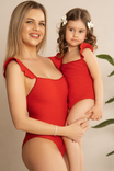 Set 2 costume de Baie Crinkle Mama-Fiica - “Mommy and Me - Crinkle Ruffles”  Rosu