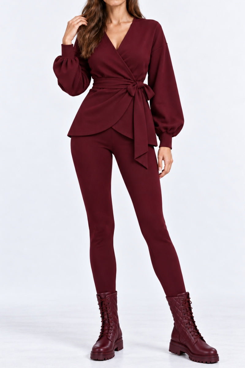 Compleu damă "Wrapped" din bumbac bluză și colanți - Burgundy