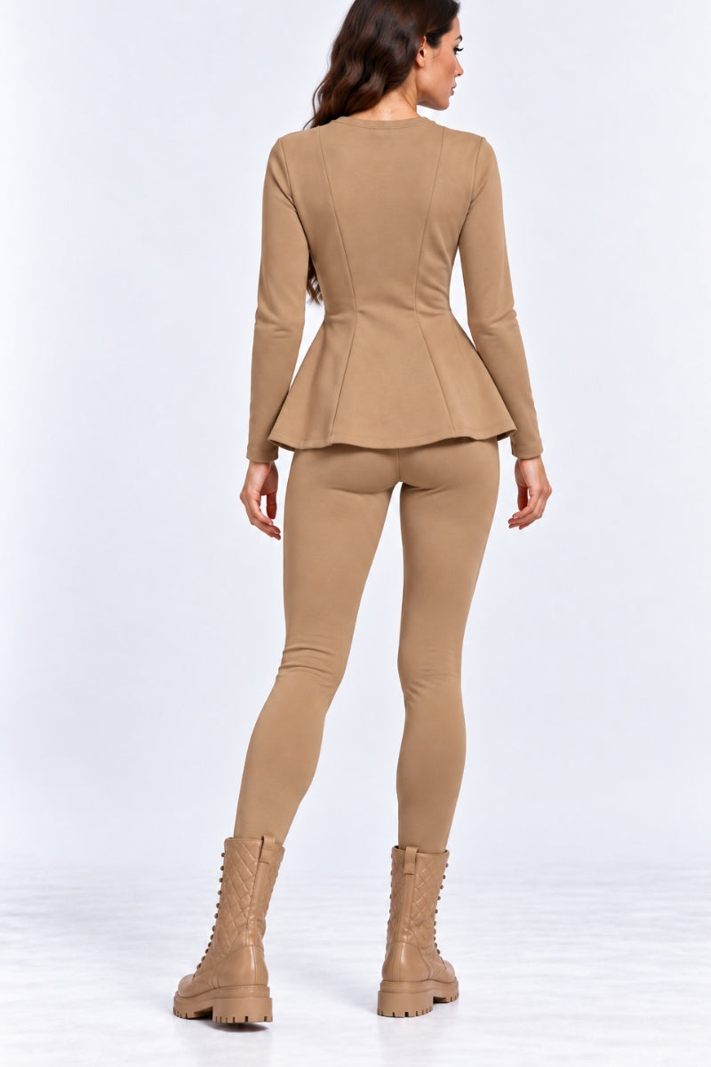 Compleu damă "Muse" din bumbac bluză cu fermoar și colanți - Beige