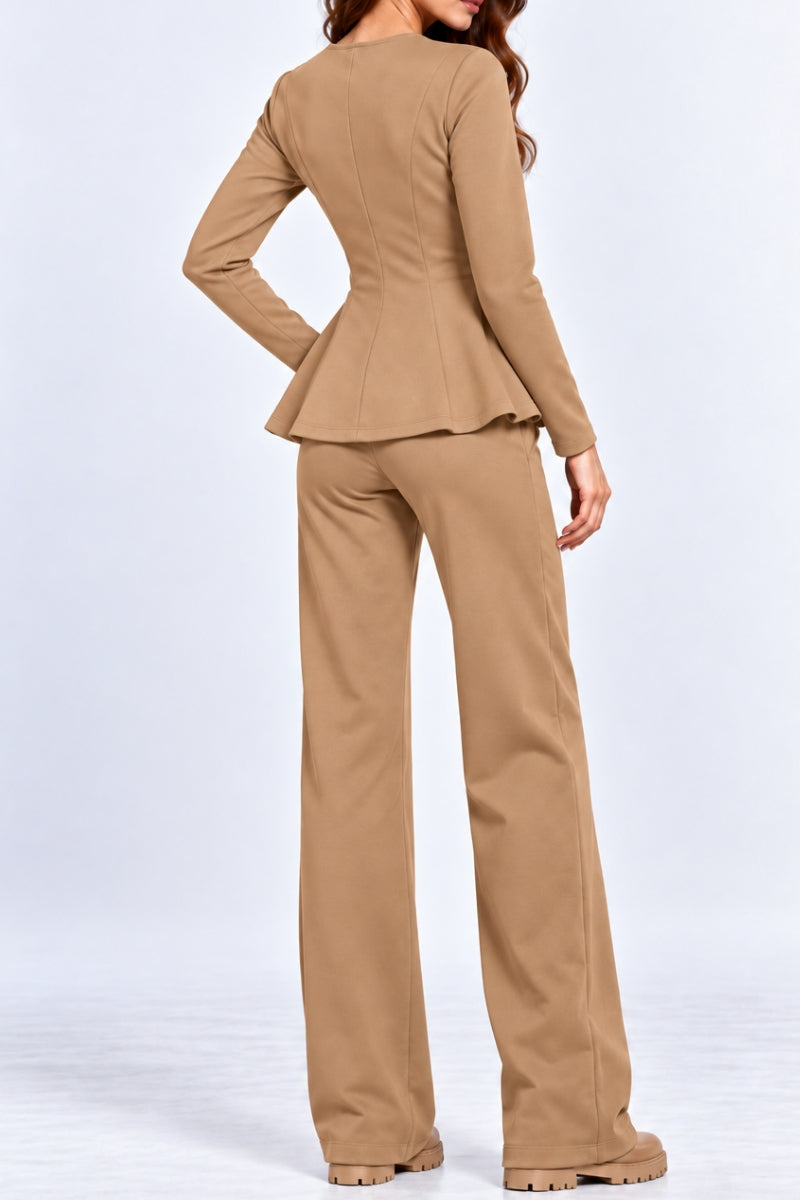 Compleu damă "Muse" din bumbac bluză cu fermoar și pantaloni drepti - Beige