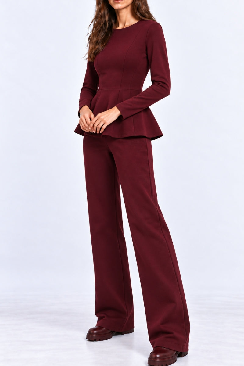 Compleu damă "Muse" din bumbac bluză cu fermoar și pantaloni drepti - Burgundy