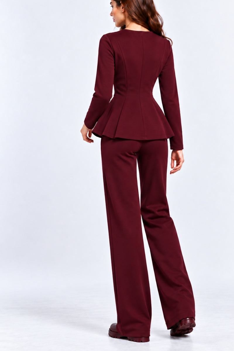 Compleu damă "Muse" din bumbac bluză cu fermoar și pantaloni drepti - Burgundy