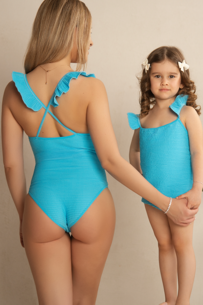 Set 2 costume de Baie Crinkle Mama-Fiica - “Mommy and Me - Crinkle Ruffles” Azure Turquoise