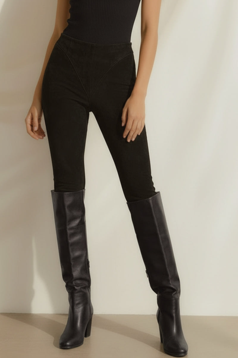 Colanți din Piele Intoarsa cu Talie Înaltă și Fermoar Ascuns – Design V-Cut și Efect Modelator - Negru