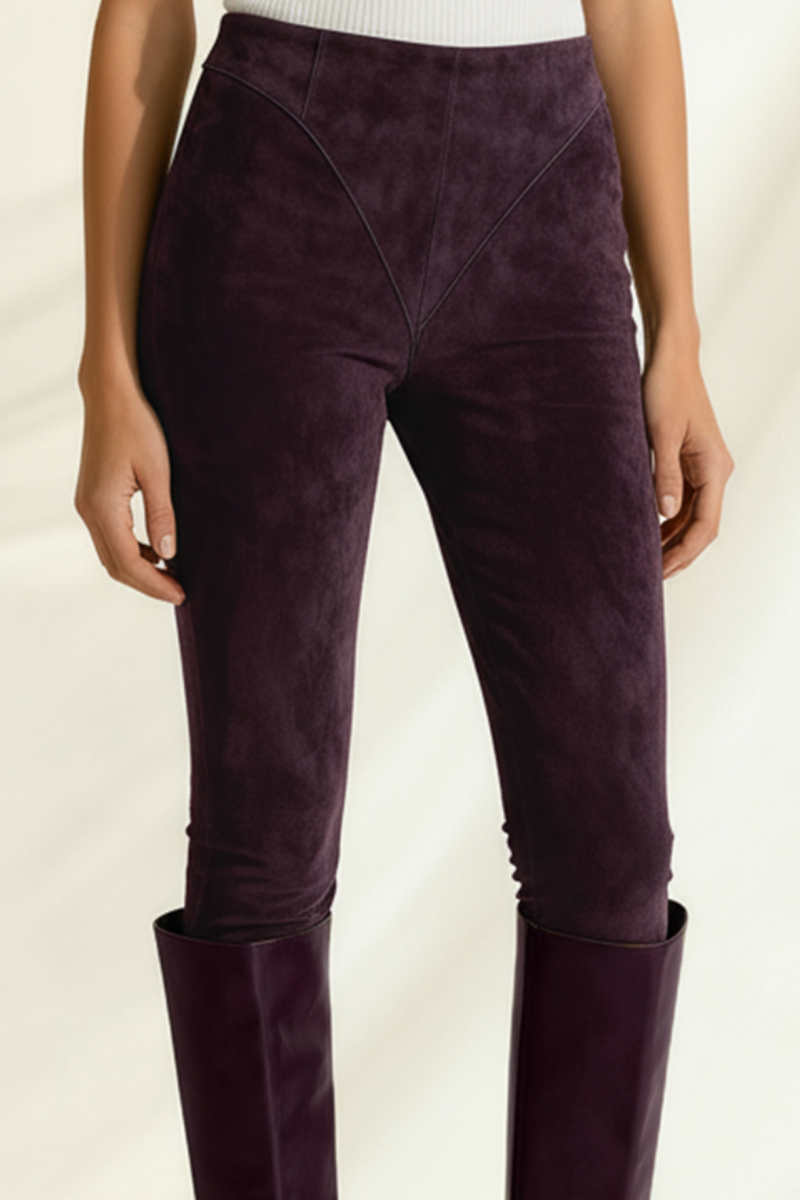 Colanți din Piele Intoarsa cu Talie Înaltă și Fermoar Ascuns – Design V-Cut și Efect Modelator - Deep Plum