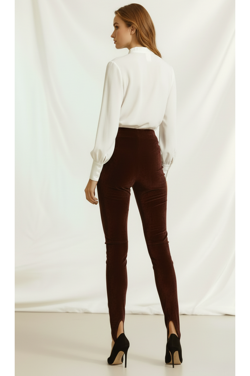 Colanți modelatori din piele intoarsa cu talie înaltă și bareta reglabila Stirrup "Valerie" - Maro