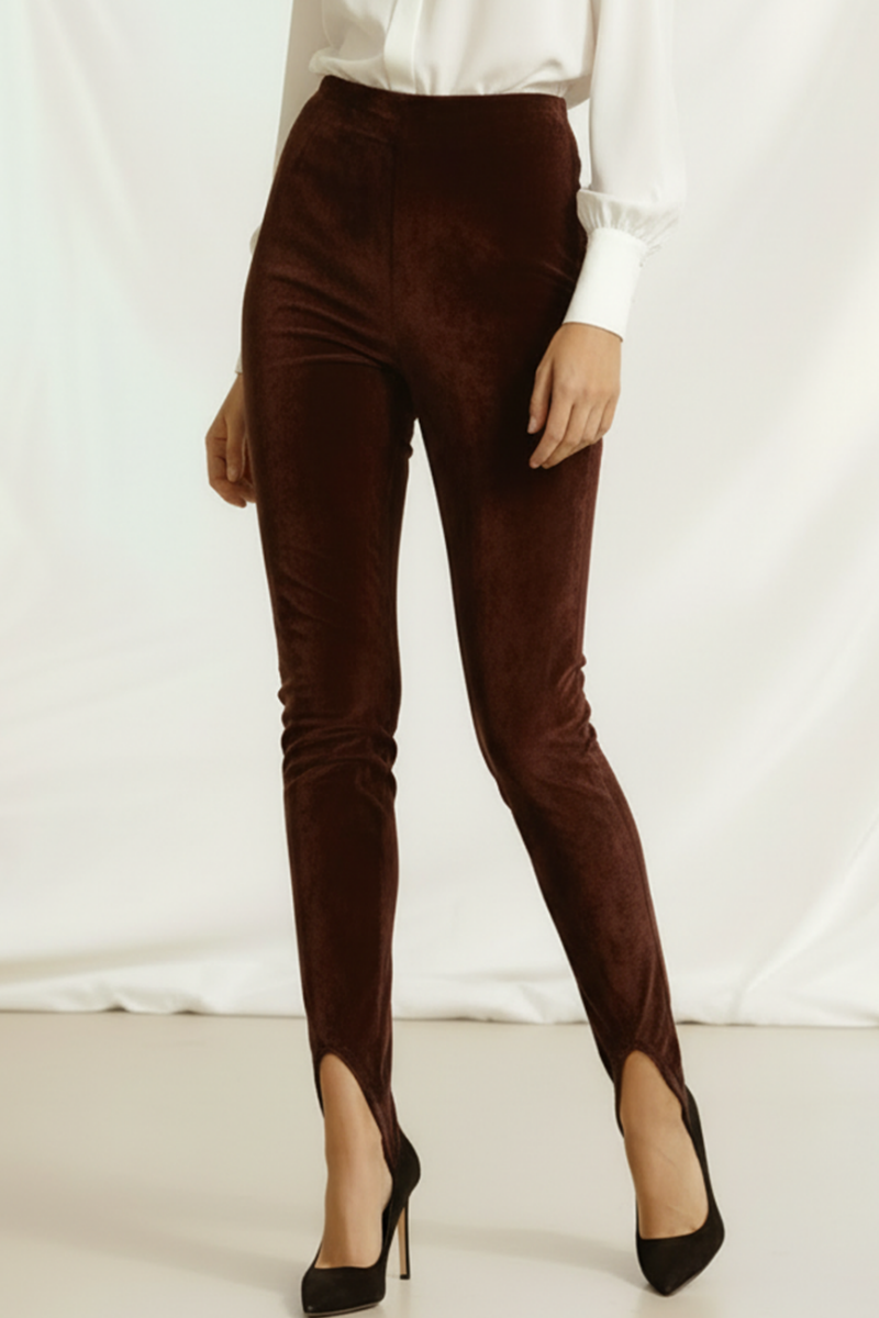 Colanți modelatori din piele intoarsa cu talie înaltă și bareta reglabila Stirrup "Valerie" - Maro