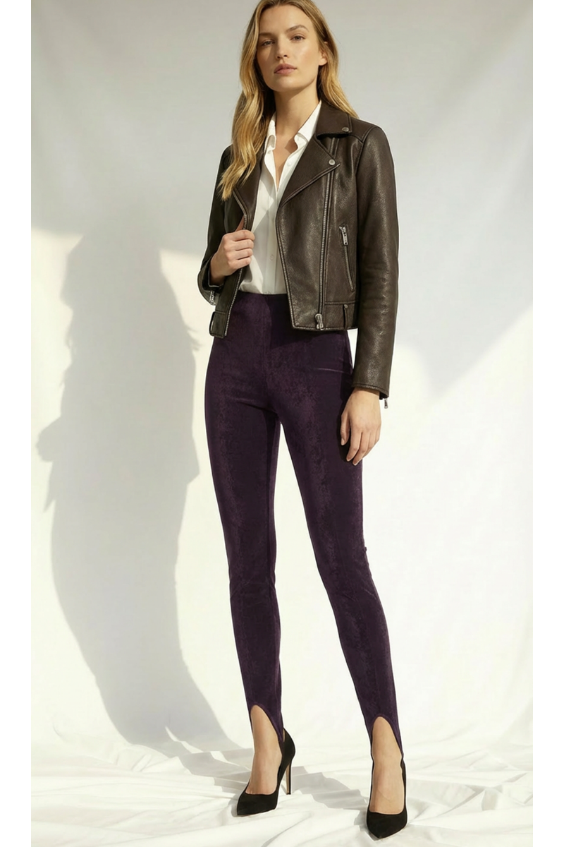 Colanți modelatori din piele intoarsa  cu talie înaltă și bareta reglabila Stirrup "Valerie" - Deep Plum