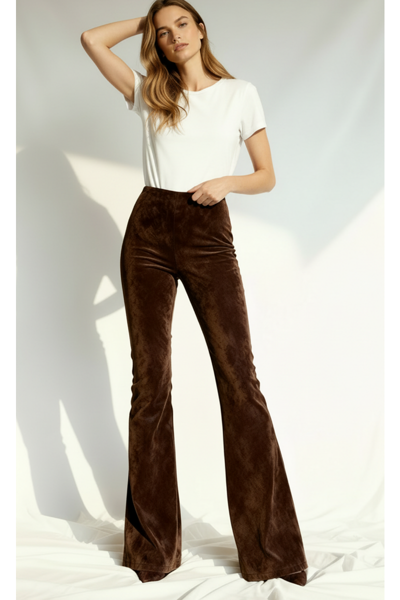 Colanți evazați din piele întoarsă cu talie inalta "FlareLeather" - Maro