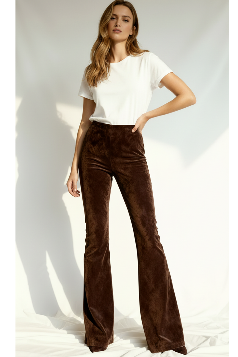 Colanți evazați din piele întoarsă cu talie inalta "FlareLeather" - Maro