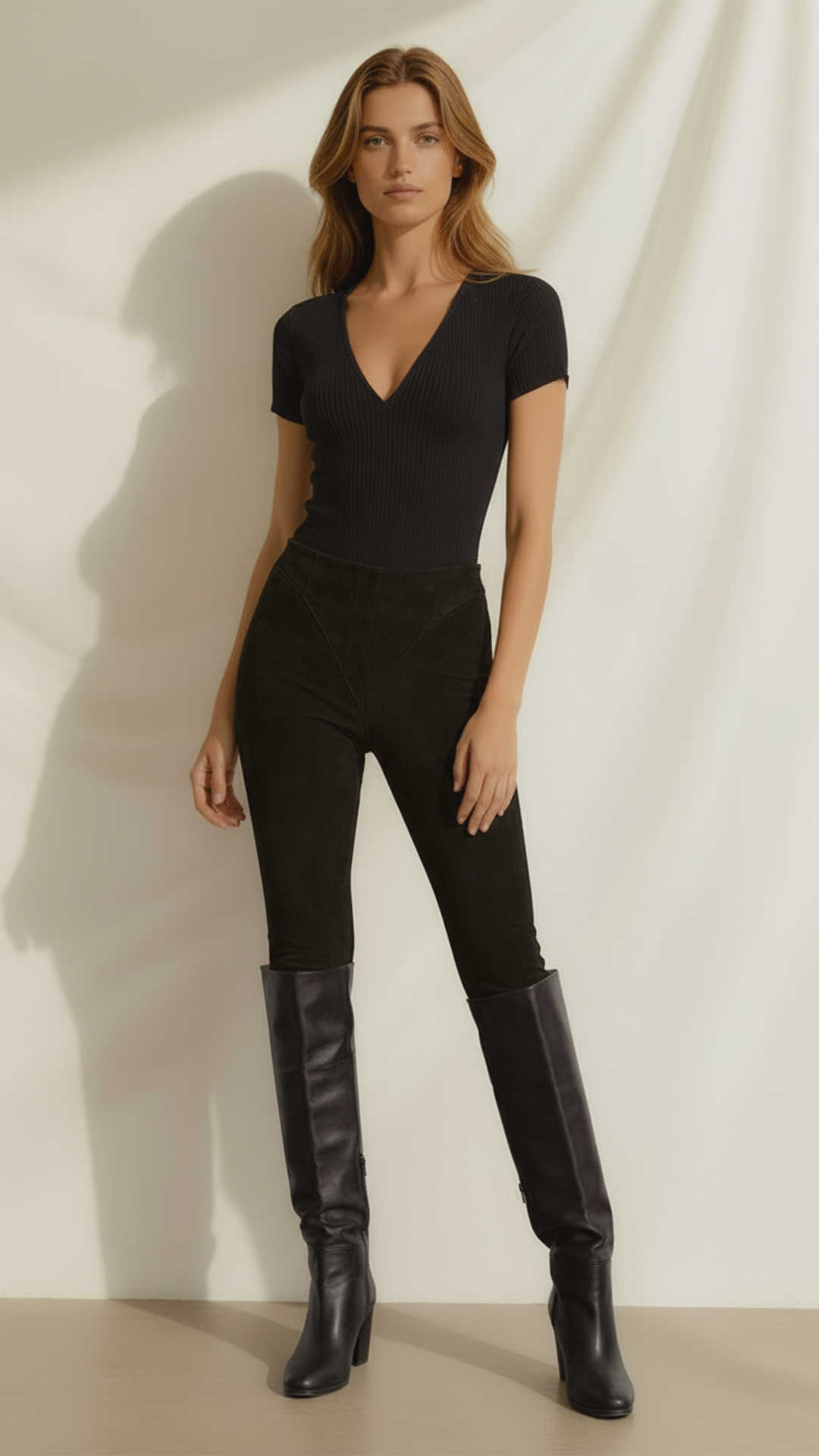 Colanți din Piele Intoarsa cu Talie Înaltă și Fermoar Ascuns – Design V-Cut și Efect Modelator - Negru