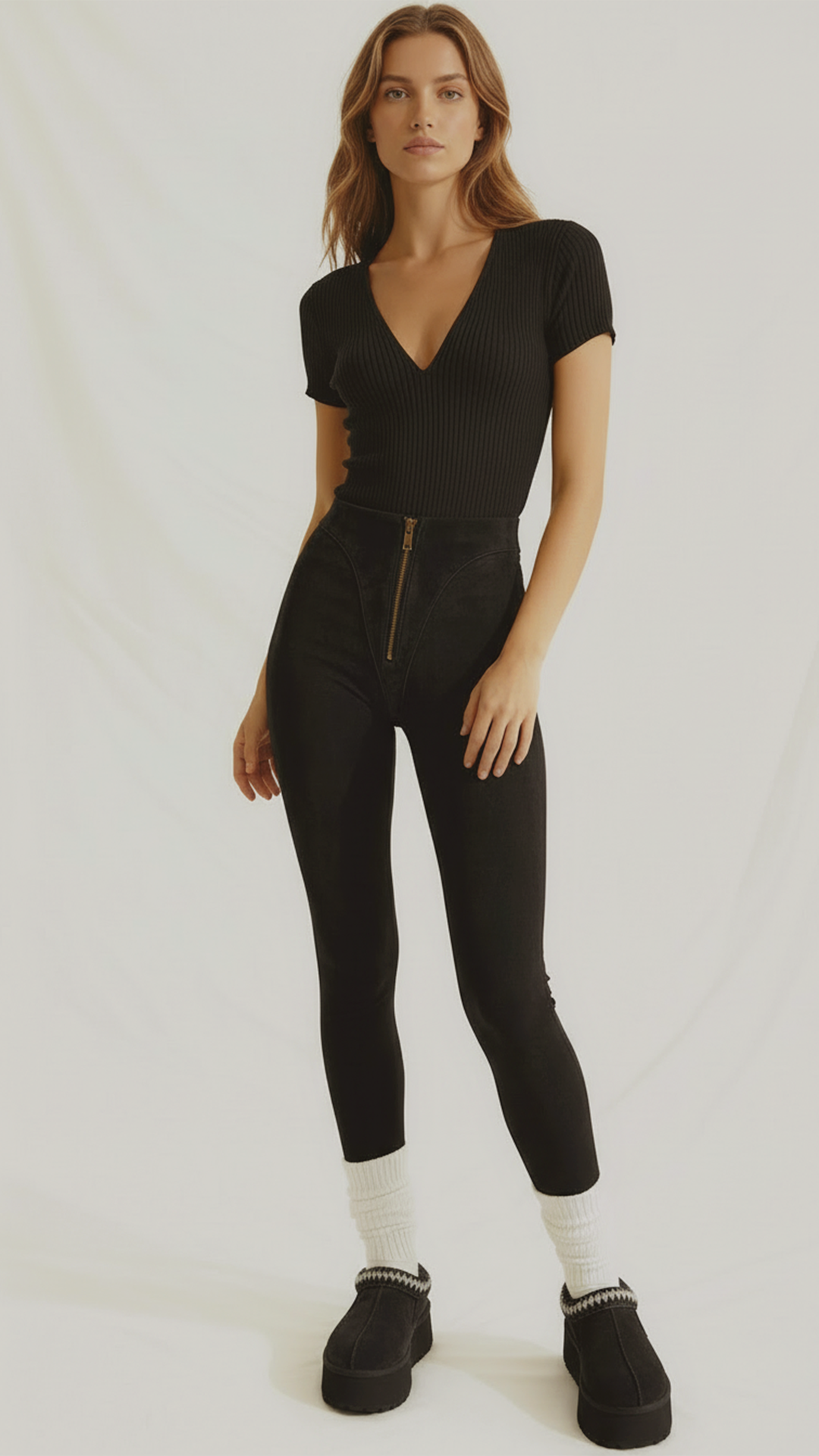 Colanți din piele întoarsă  cu talie înaltă și fermoar "V-Cut" - Negru