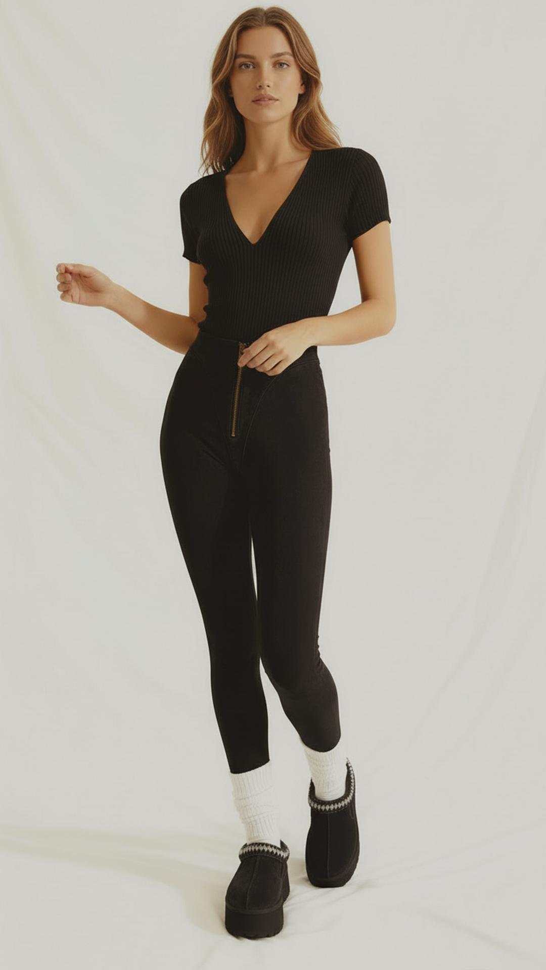 Colanți din piele întoarsă  cu talie înaltă și fermoar "V-Cut" - Negru