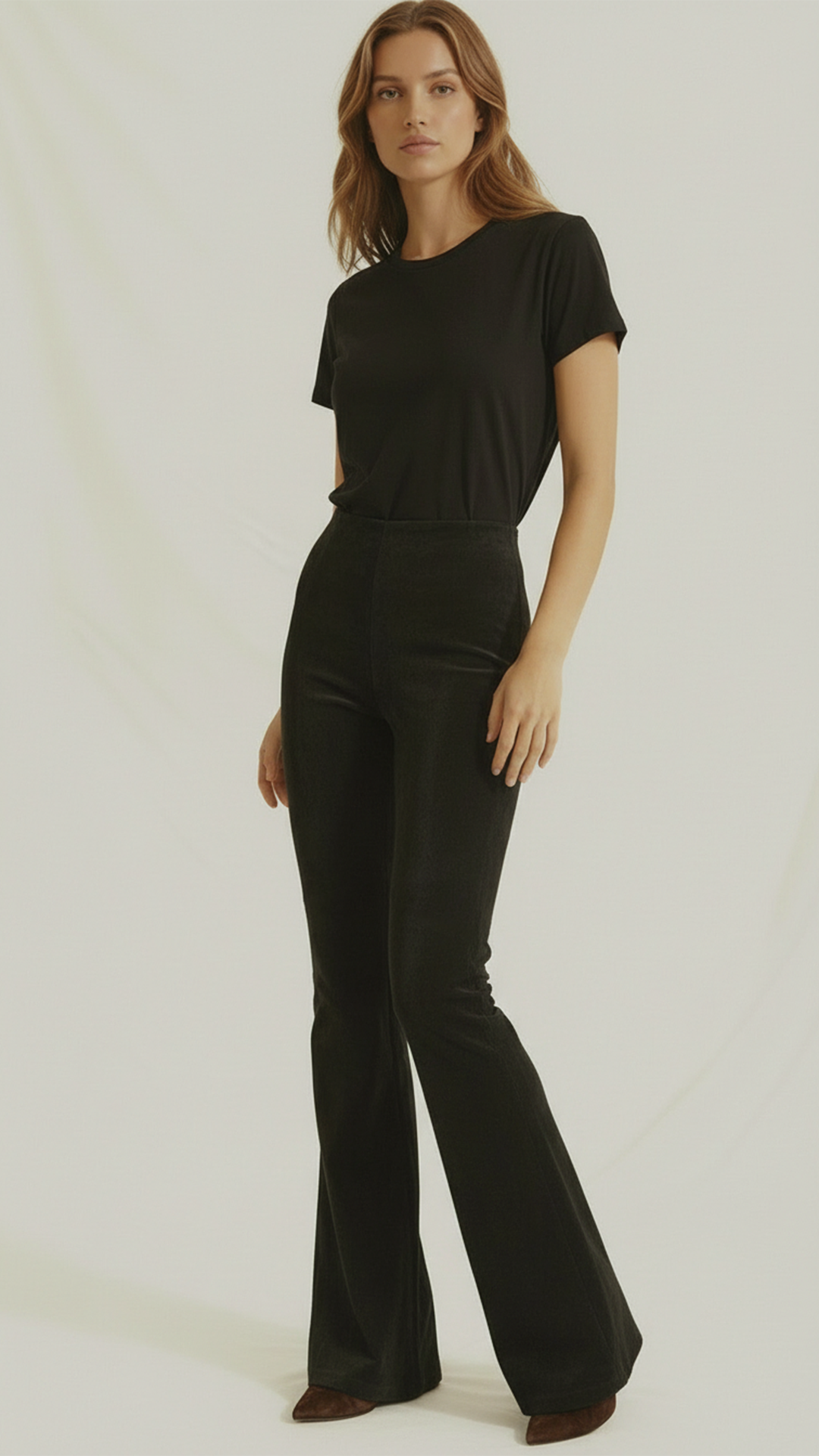 Colanți evazați din piele întoarsă cu talie inalta "FlareLeather" - Negru