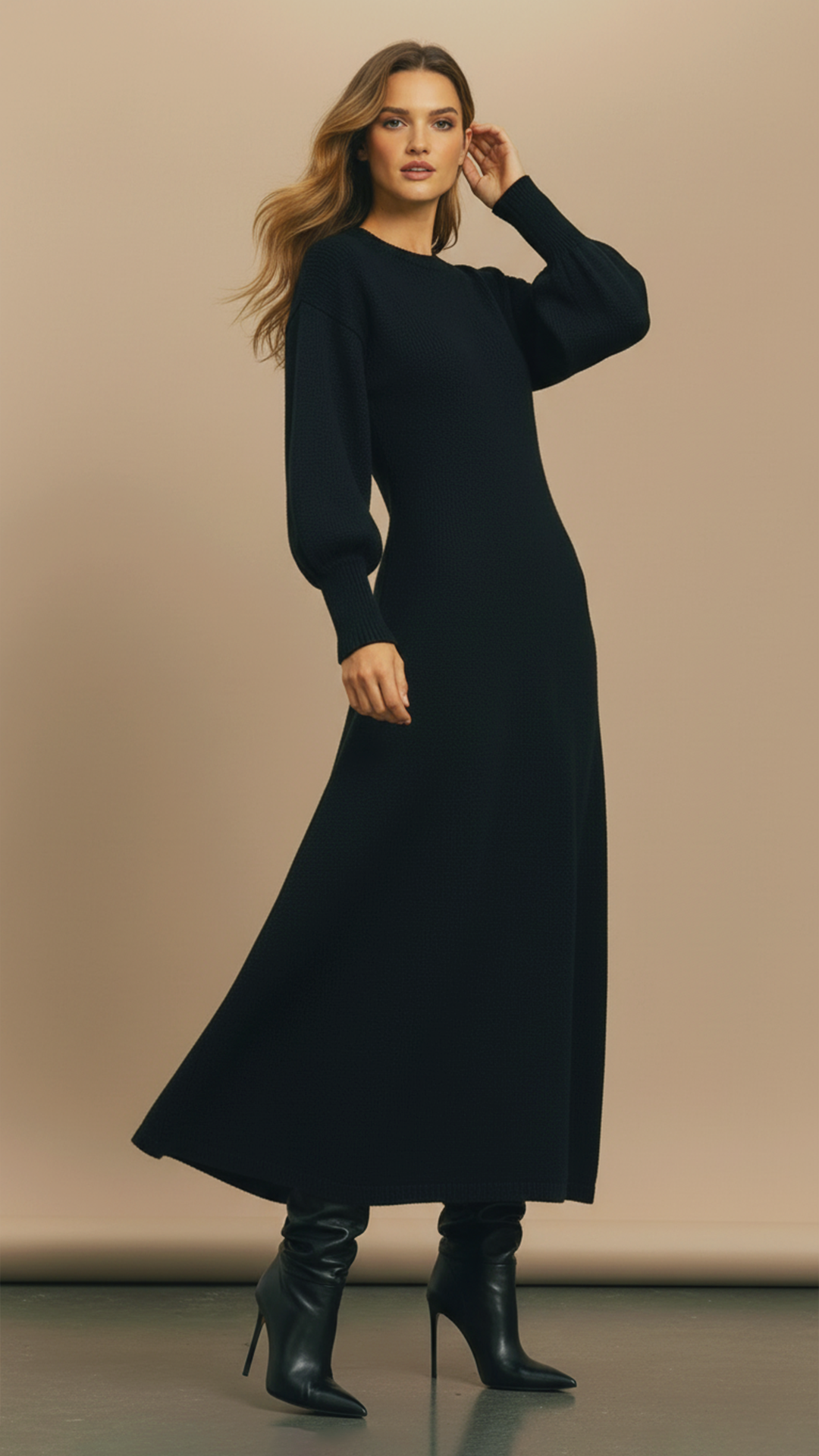 Rochie din  Lana Maxi croiala A-line  "Grace" - NEGRU