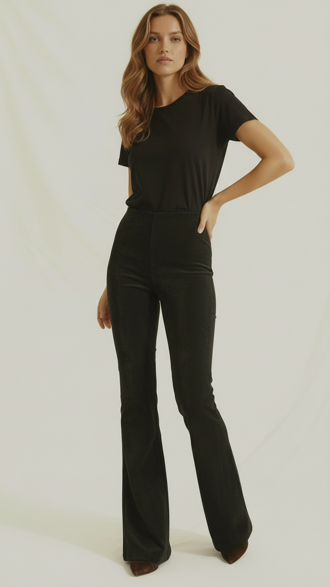 Colanți evazați din piele întoarsă cu talie inalta "FlareLeather" - Negru