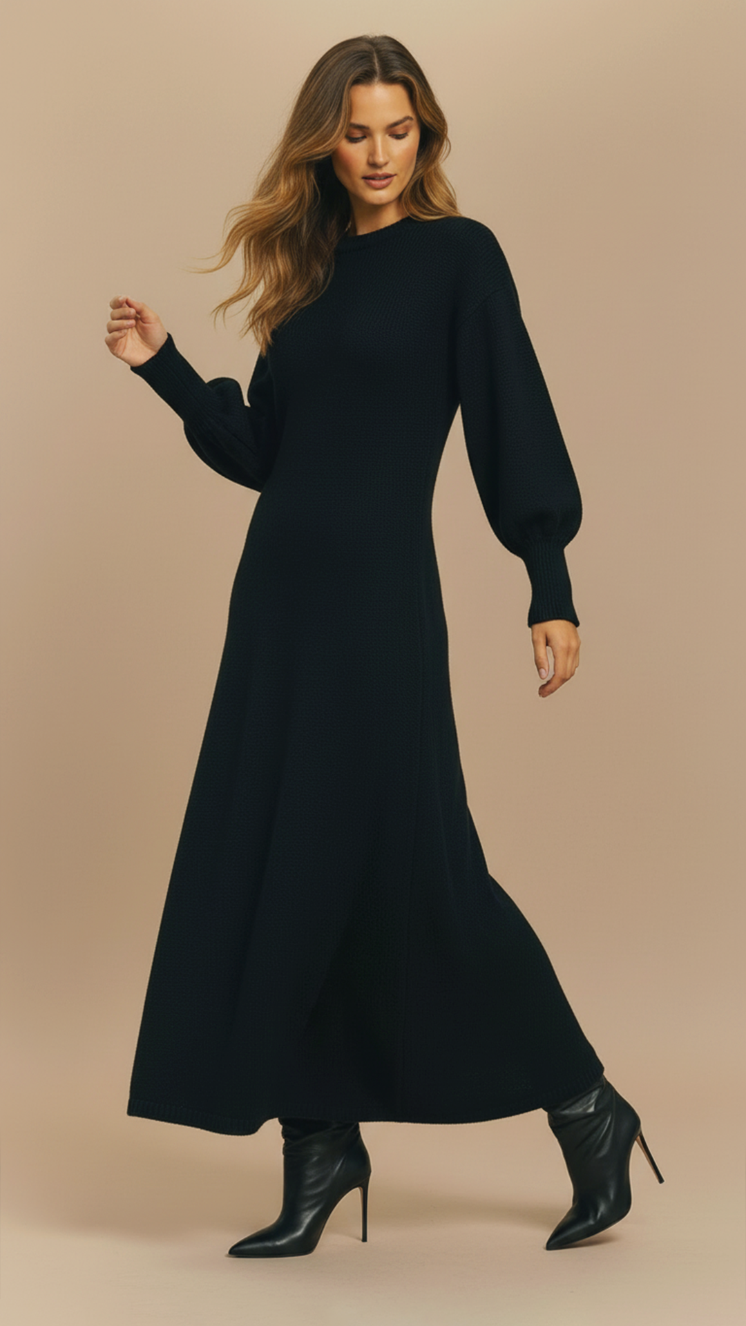 Rochie din  Lana Maxi croiala A-line  "Grace" - NEGRU